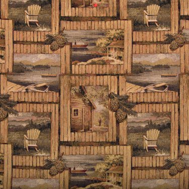 A001 Rustic Cabin Scene With Fishing Boat Chair Acorns Themed Tapestry Upholstery Fabric By The Yard