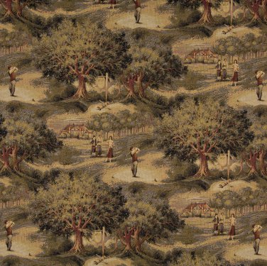 54"" Wide A003, Golfers, Golf Course and Clubhouse, Themed Tapestry Upholstery Fabric By The Yard