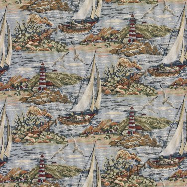54"" Wide A005 Sailboats Wavy Water Docks Lighthouse Themed Tapestry Upholstery Fabric By The Yard