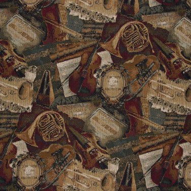 A010 Orchestra Symphony Violins Trumpets French Horns Themed Tapestry Upholstery Fabric By The Yard