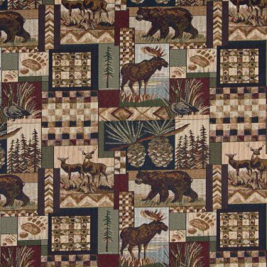 54"" Wide A014 Bears Deer Moose Acorns Pine Trees Themed Tapestry Upholstery Fabric By The Yard