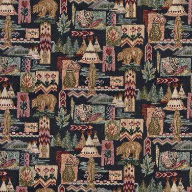 A015 Native American Teepees Bears Fish Pottery Themed Tapestry Upholstery Fabric By The Yard