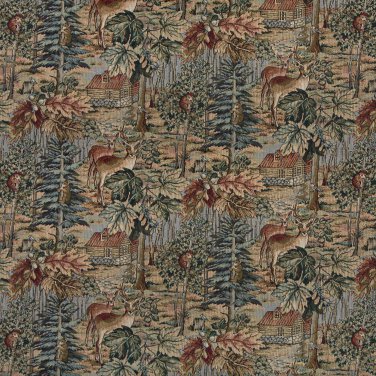 54"" Wide A016 Wilderness Deer Cabins Trees Leaves Themed Tapestry Upholstery Fabric By The Yard