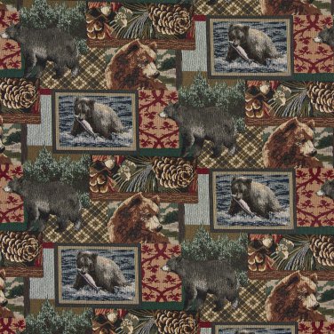 54"" Wide A018, Bears, Fish, Acorns and Trees, Themed Tapestry Upholstery Fabric By The Yard
