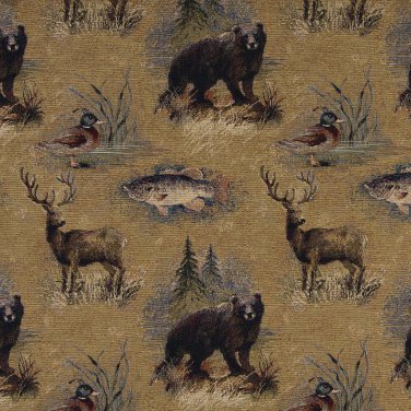 54"" Wide A027 Rustic Bears Fish Ducks Deer Trees Themed Tapestry Upholstery Fabric By The Yard