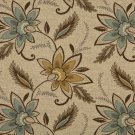 K0124A Beige Brown Teal Floral Vines Woven Indoor Outdoor Upholstery Fabric By The Yard