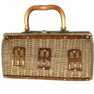 Vintage 60s Wicker Purse Tortoiseshell Lucite Trim and Handle Handbag