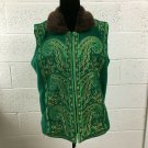 Bob Mackie Wearable Art  Medium  Green Paisley Fleece Vest Faux Fur Collar