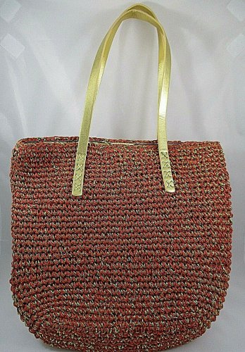 Sun N Sand Shoulder Tote Bag Handbag Purse Lined Woven Orange w Gold Trim