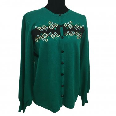 Bob Mackie Wearable Art Small Cardigan Sweater Teal Black Geometric