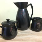 Black Redware Pitcher Cream Sugar 4 Piece Rooster Design Japan Vintage