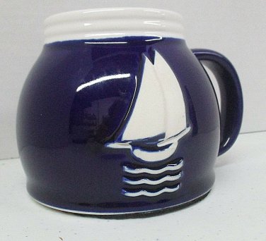 Wide Bottom Coffee Mug Cobalt Blue Sailboat Non Skid Travel Tea Untippable Cup