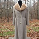 Vintage Fur Collar Worsted Wool Beige Full Length Coat Union Label Made in USA