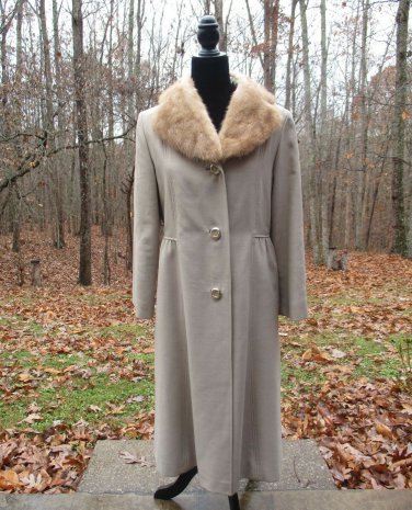 Vintage Fur Collar Worsted Wool Beige Full Length Coat Union Label Made in USA