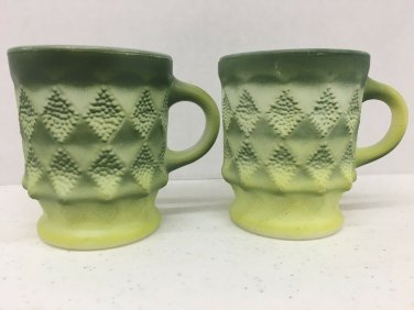 2 Fire King Green COLORED KIMBERLY DIAMOND POINT PATTERNED Stacking Mugs