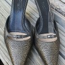 Cole Haan City 7B Black and Gold Leather Mules Stacked Heels Pointy Toe Shoes