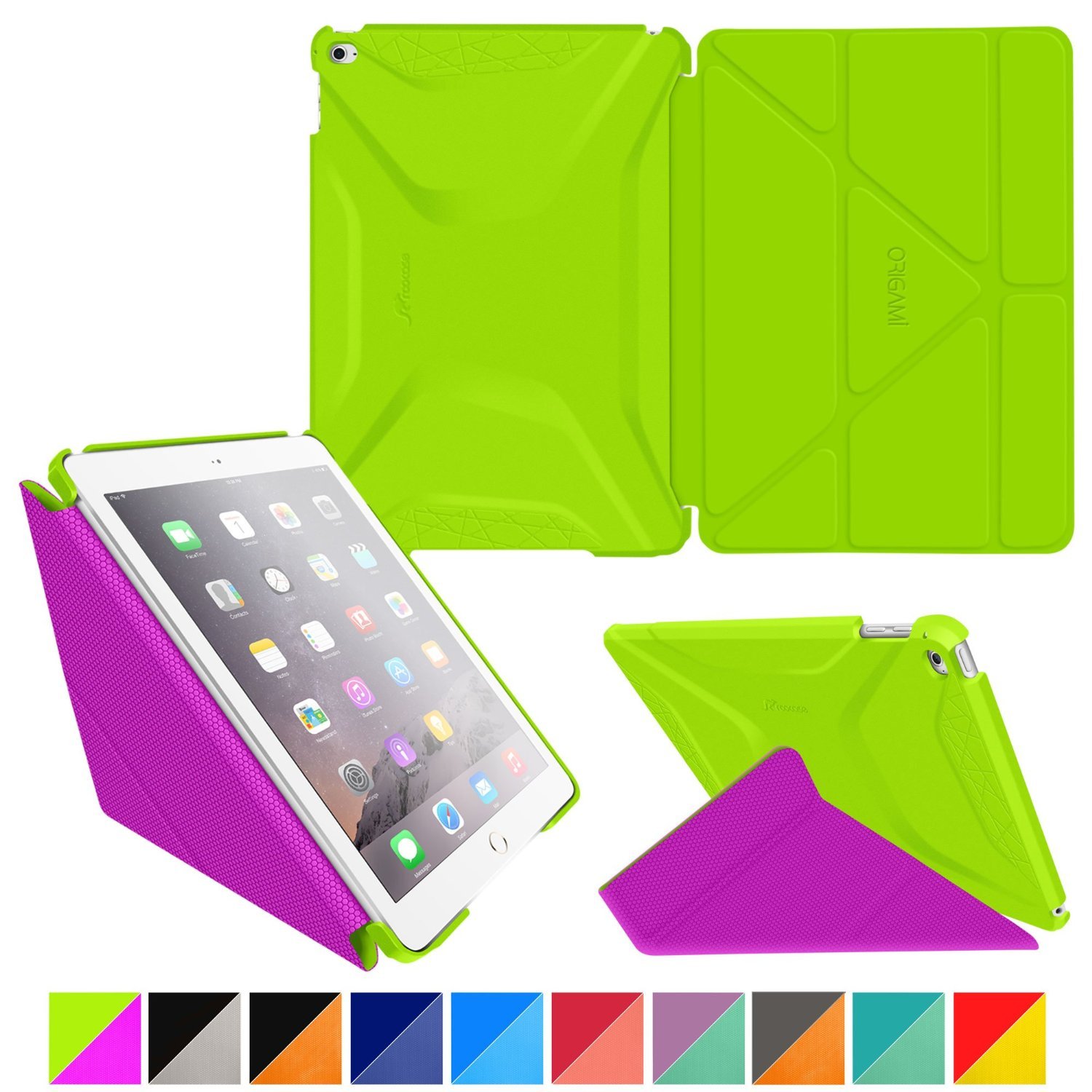 rooCASE Origami 3D Slim Shell Case for iPad Air 2, Electric Green / Peach Pink