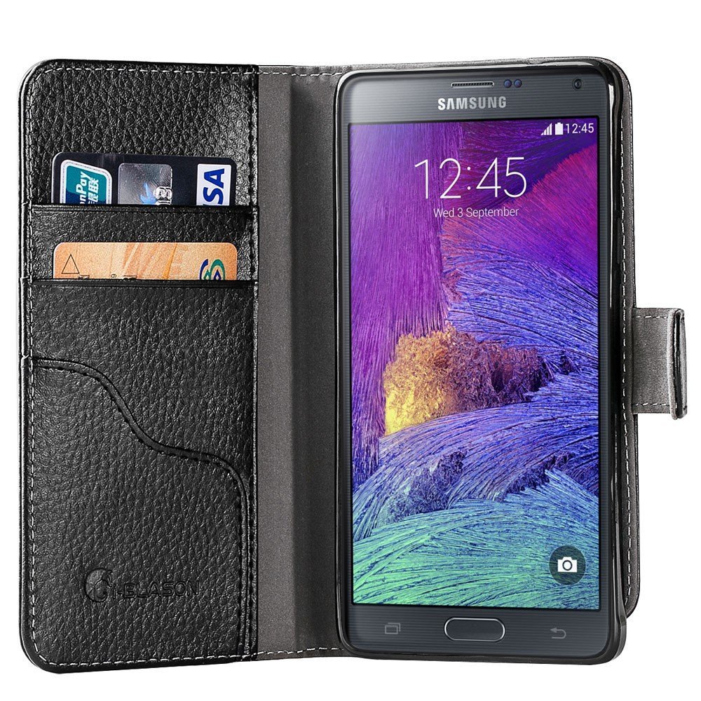 Galaxy Note 4 Case, i-Blason Slim Leather Wallet Book Cover-Black