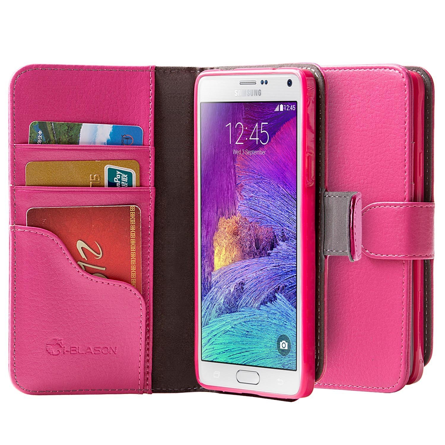 Galaxy Note 4 Case, i-Blason Slim Leather Wallet Book Cover with Stand Feature-Pink