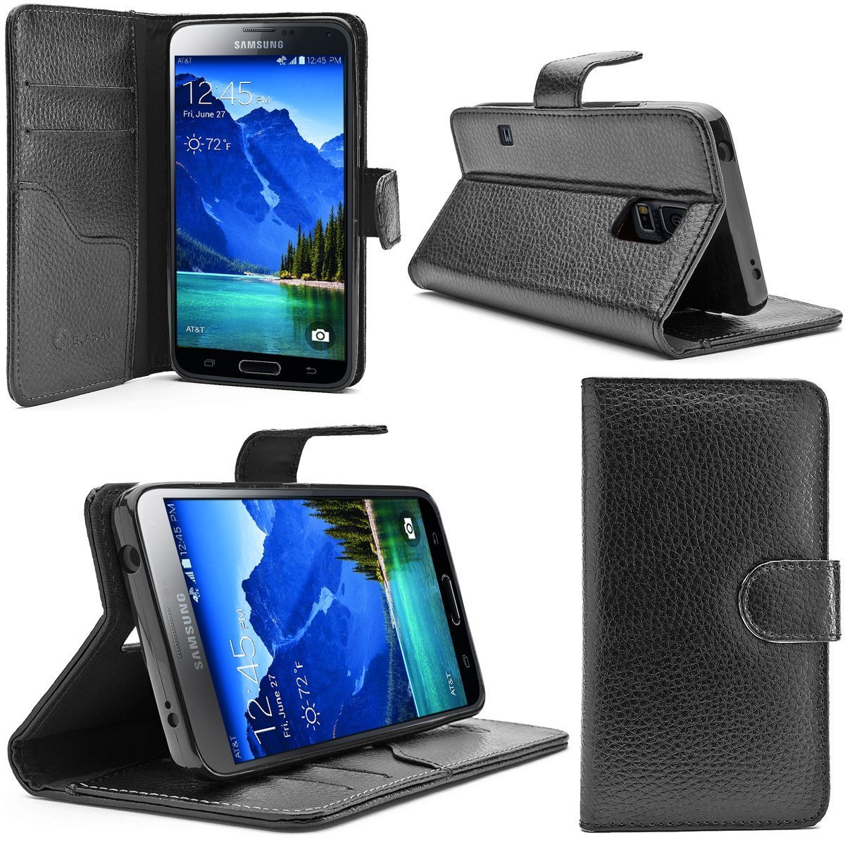 Galaxy S5 Active Case, i-Blason Slim Leather Wallet Book Cover with Stand Feature-Black