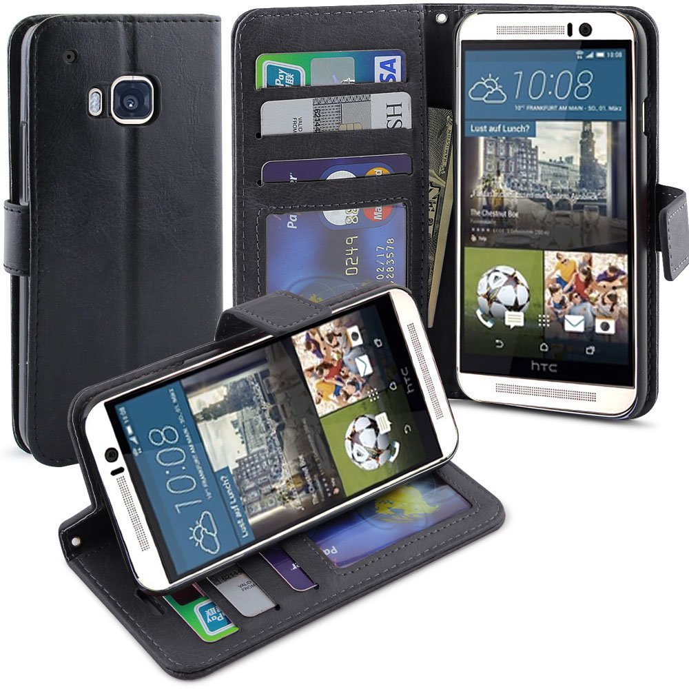 HTC One M9 Leather Case, LK [Kickstand Feature] [Perfect Fit]Wallet CaseLeather Series - Black
