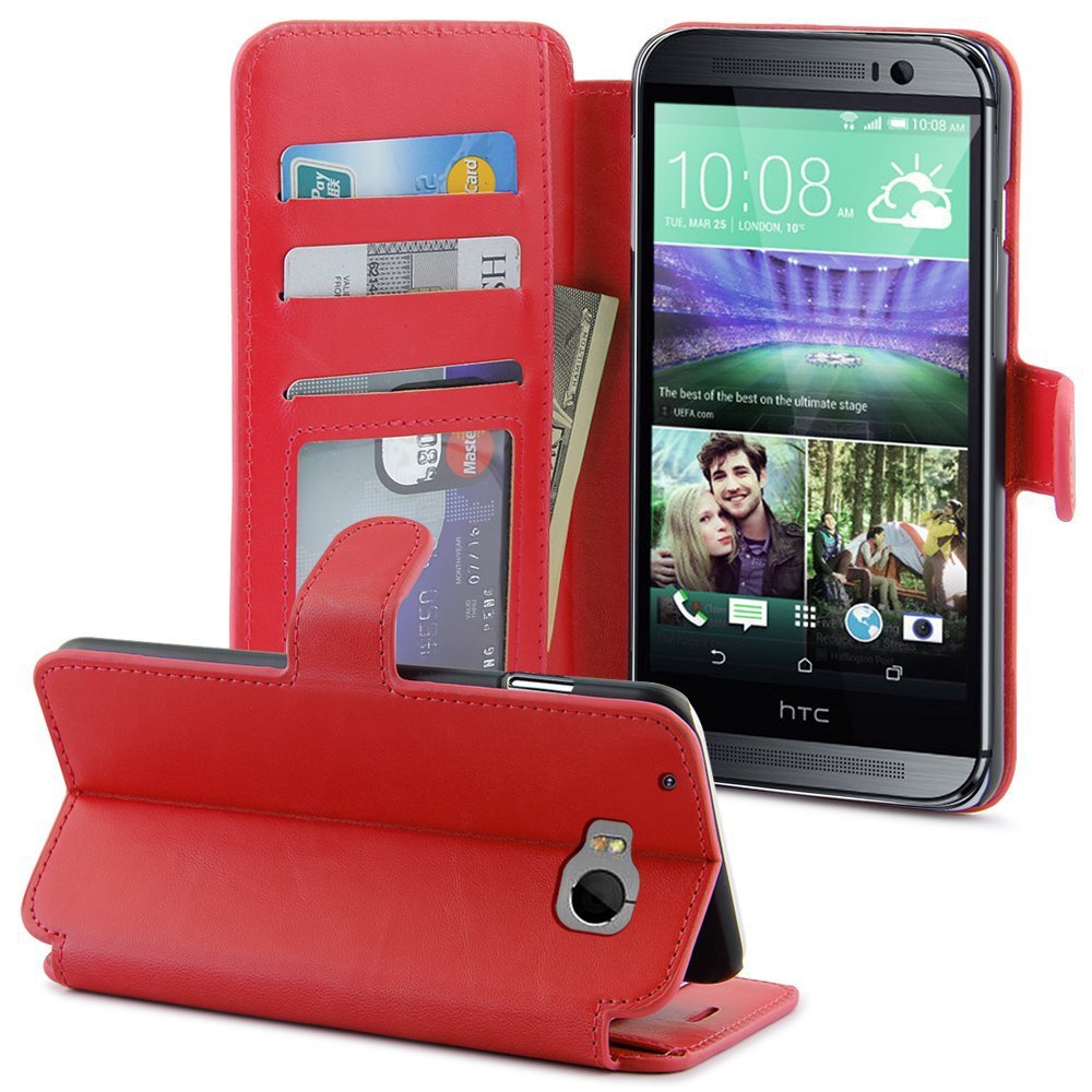HTC One M9 Flip Case, LK [Stand Feature] HTC One M9 /Hima Premium Wallet[Wallet Function]- Red
