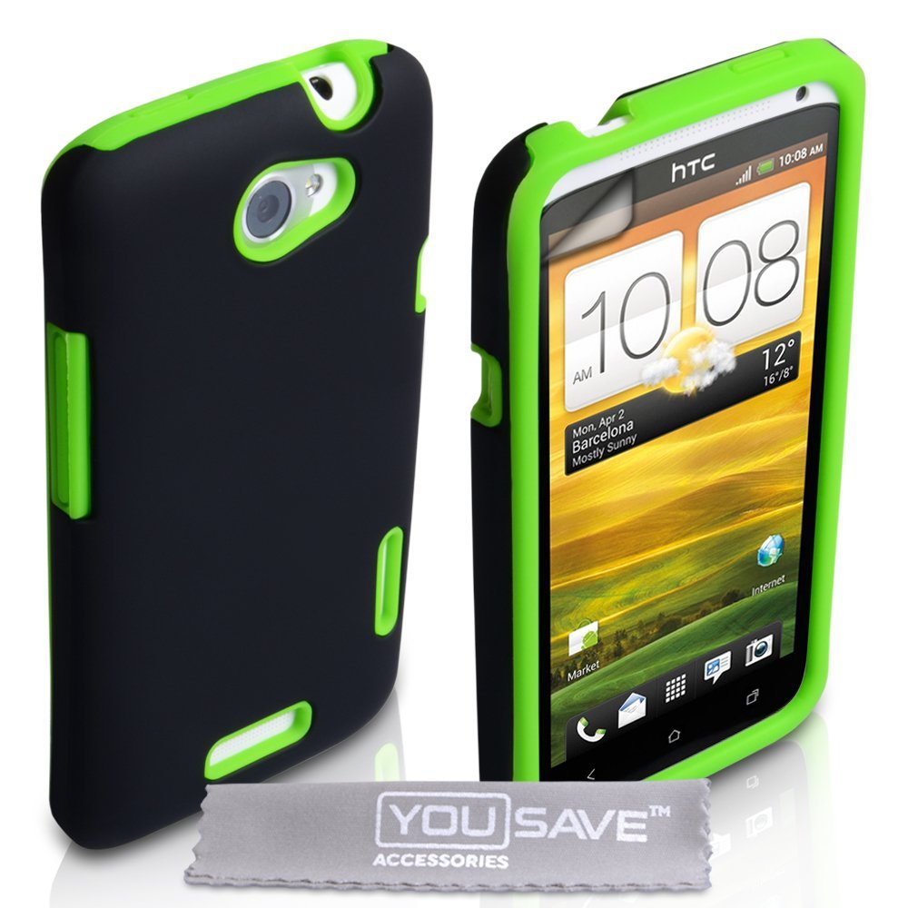 HTC One X Case Dual Combo Silicone Cover Black / Green With Screen Protector