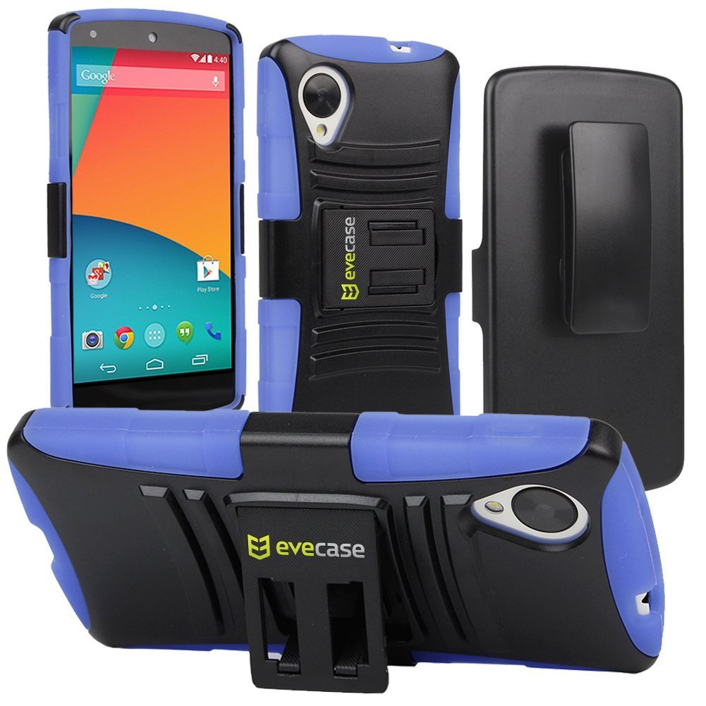Evecase ROBUST Rugged Dual Layer Holster Case with Belt Clip and Kick-Stand for Google Nexus 5-Blue