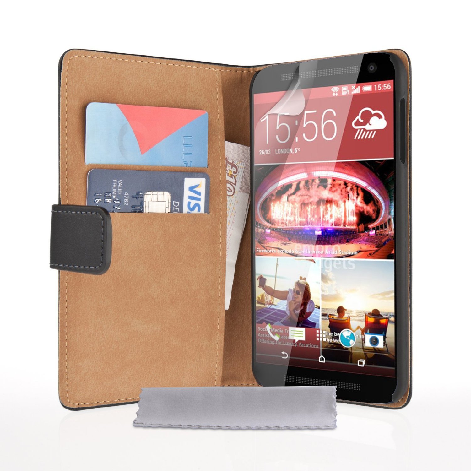 Caseflex HTC One (M9) 2015 Case Black Genuine Leather Wallet Cover-Black