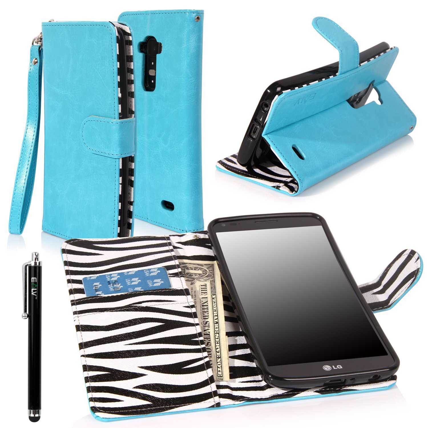 LG G Flex, E LV LG G Flex Case Deluxe PU Leather Flip Wallet/Purse Case Cover Zebra print inside