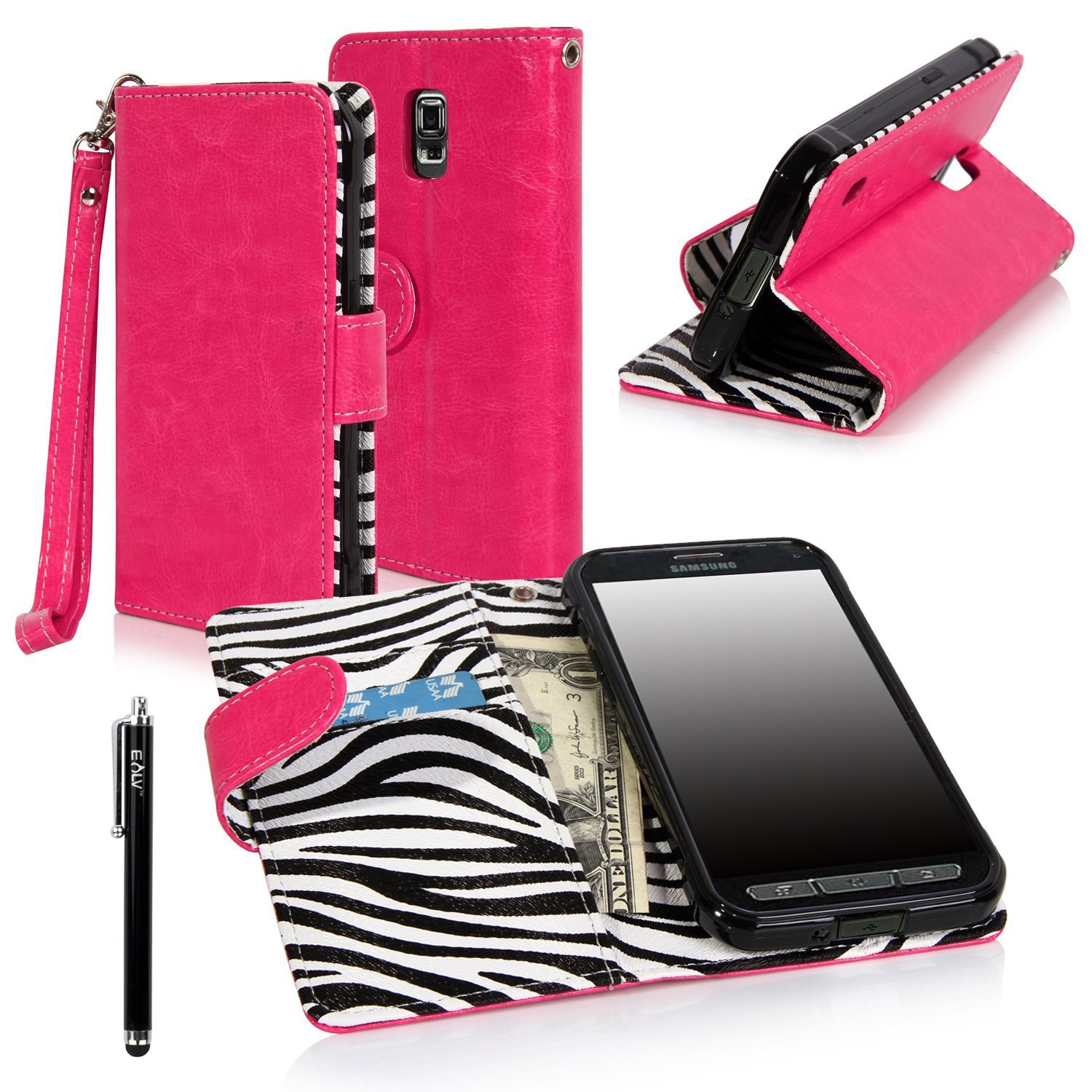 Galaxy S5 Active Flip Case E LV Deluxe PU Leather Folio Wallet Case Cover-Hot Pink