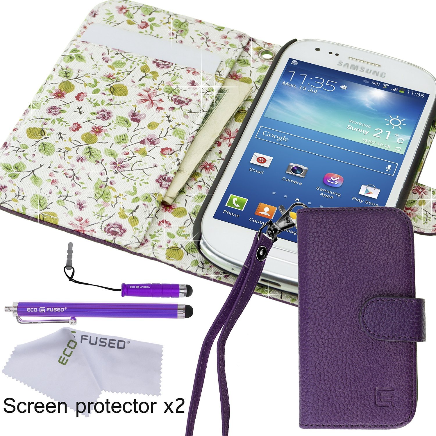 Samsung Galaxy S3 Mini Case Bundle including 1 Faux Leather Cover with Floral Interior-Purple