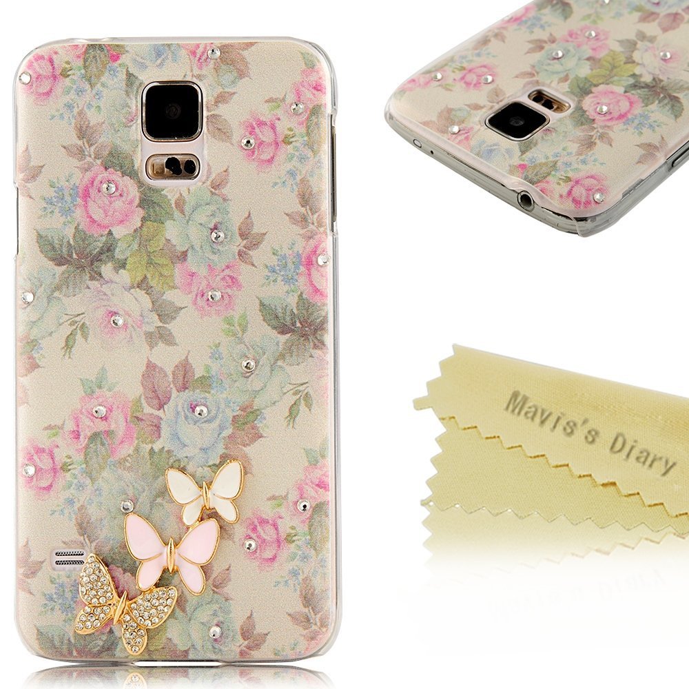 galaxy S5 Case Mavis's Diary 3D Handmade Bling Crystal Cute Butterfly Sparkle Glitter Pink Flowers