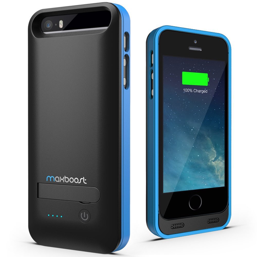Maxboost Atomic S External Protective iPhone 5S Battery Case /Matte Black / Blue Built-in Kickstand