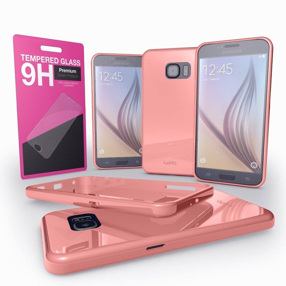 Galaxy S6 Case - Cellto [Soft Flexible]S6 Case Slim Tempered Glass [Shatter Proof]- Baby Pink