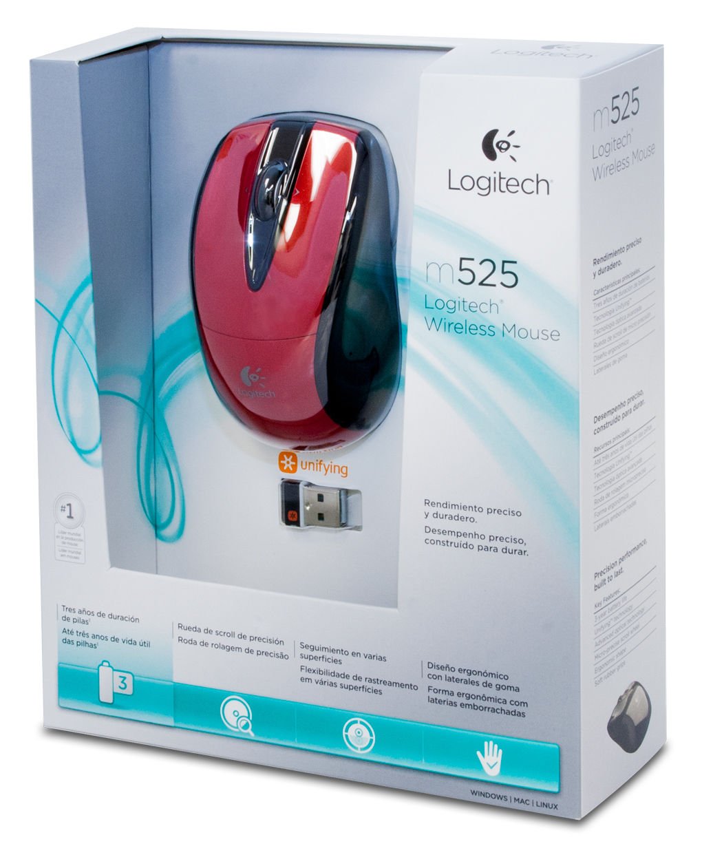 New Logitech M525 Red/Black Wireless Mouse PC Mac with unifying receiver