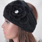 Hand Knit, Head band, Ear Warmer, Head Wrap, Flower, Rhinestone Black