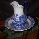 Vintage Style Porcelain  Flow Blue and White Pitcher and Bowl Wash Stand Set