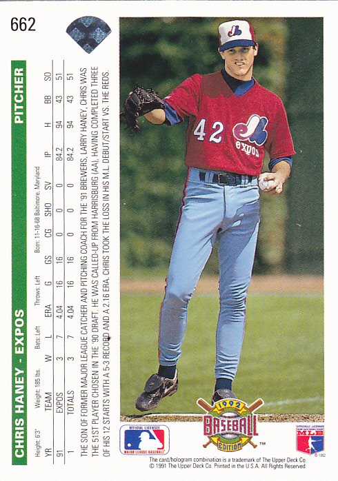 Chris Haney #662 - Expos 1992 Upper Deck Baseball Trading Card