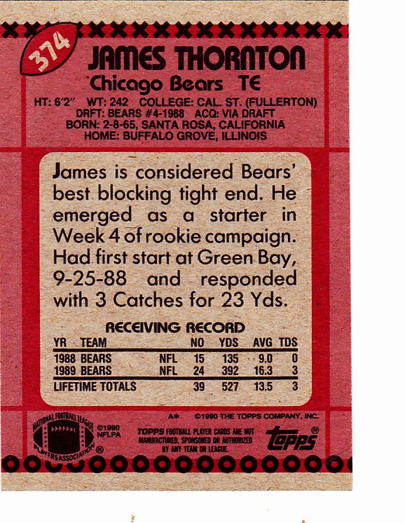 James Thornton 374 Bears 1990 Topps Football Trading Card