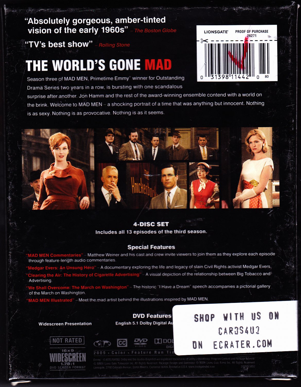 Mad Men - Season 3 DVD 2010, 4-Disc Set - Very Good