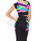 SexyvMidi Multi Color Skirt Set Black Neon BODYCON NEW M/L HOT dress fashion nr