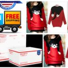 Women Cute Big Cat Kitty RED Knit Sweater Loose Top dress NEW animal print SOFT