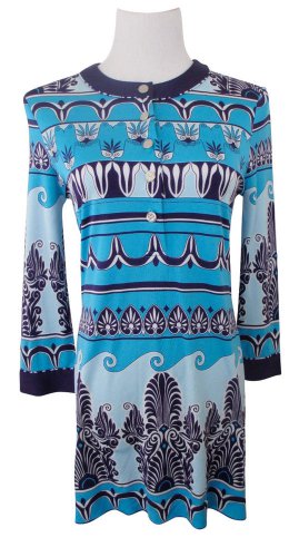 $299 TORY BURCH blue pattern 100% silk designer runway dress size Small Petite