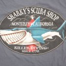 Men's Sharky's Scuba Shop T-Shirt Blue Large Monterey CA dive DUCK CO diving LRG