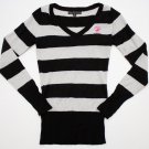 Womens Beverly Hills Polo Club V-Neck Sweater Gray Black PINK Stripes M medium