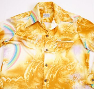 Hawaii Aloha Button Down Shirt Gold Wave Rainbow Halloween Costume L 70's disco