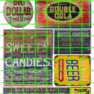 1033- Advertising Decal Set 12 GHOST SIGNS DOUBLE COLA BIG DOLLAR SWEETS CANDY BEER GASOLINE
