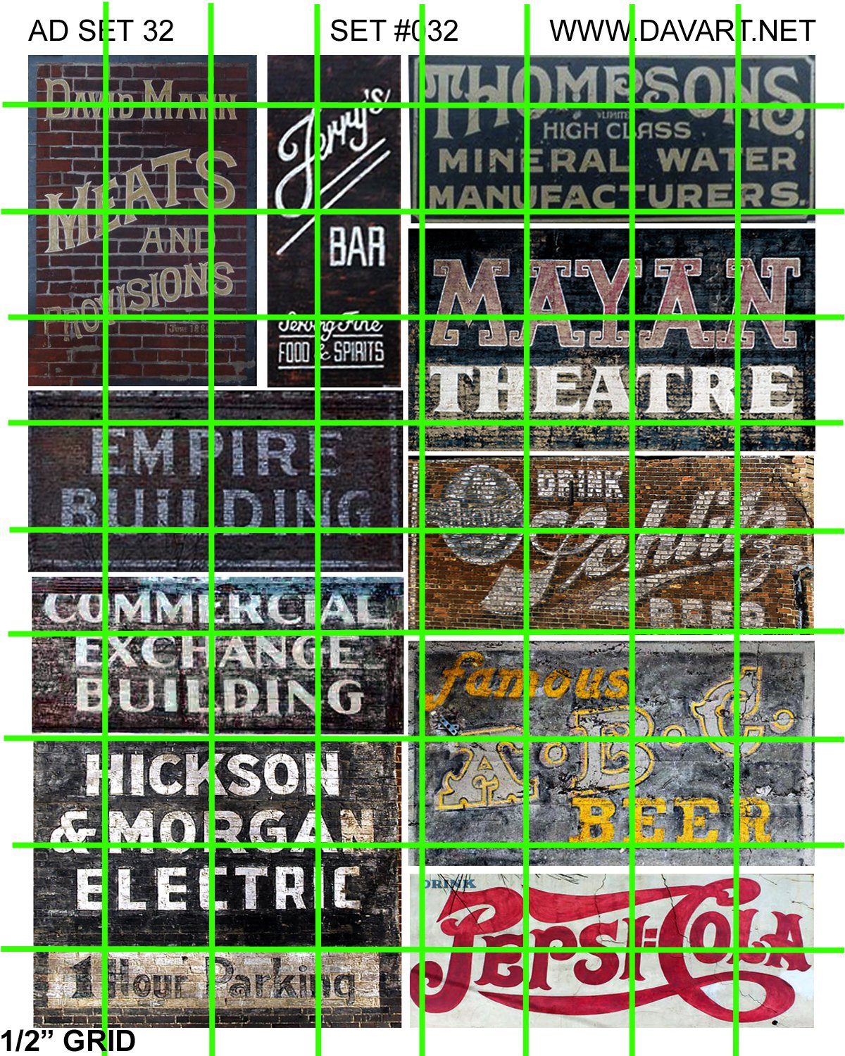 1029 - Advertising Decals Set 32 GHOST SIGNS MAYAN THEATER PEPSI ABS EMPIRE BUILDING MEATS