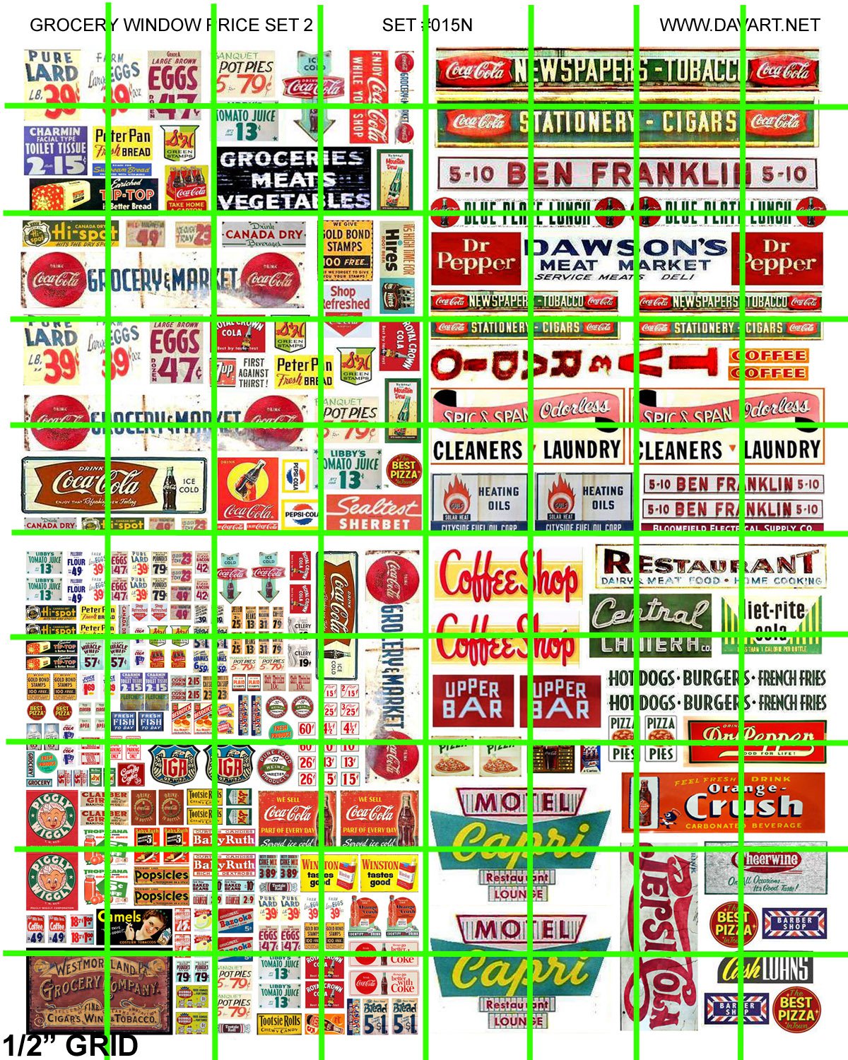 N015 - N SCALE DECALS ASST'D GROCERY ADVERTISING SIGNAGE PRODUCE WINDOW PRICES STORE HEADERS